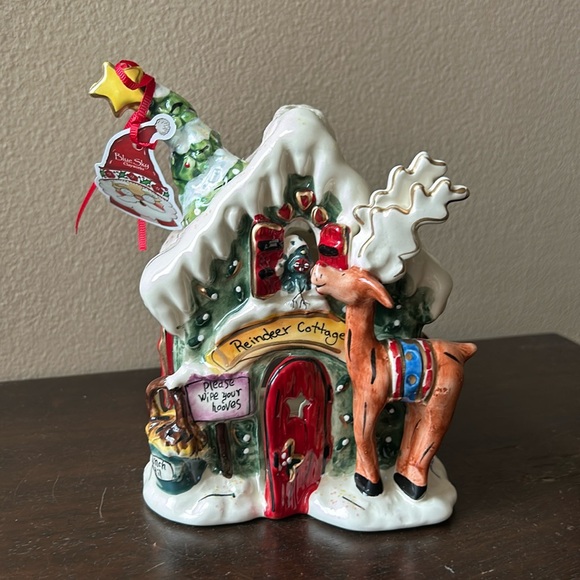 Blue Sky Clayworks Reindeer Cottage Christmas Tea Light Candle Holder House New